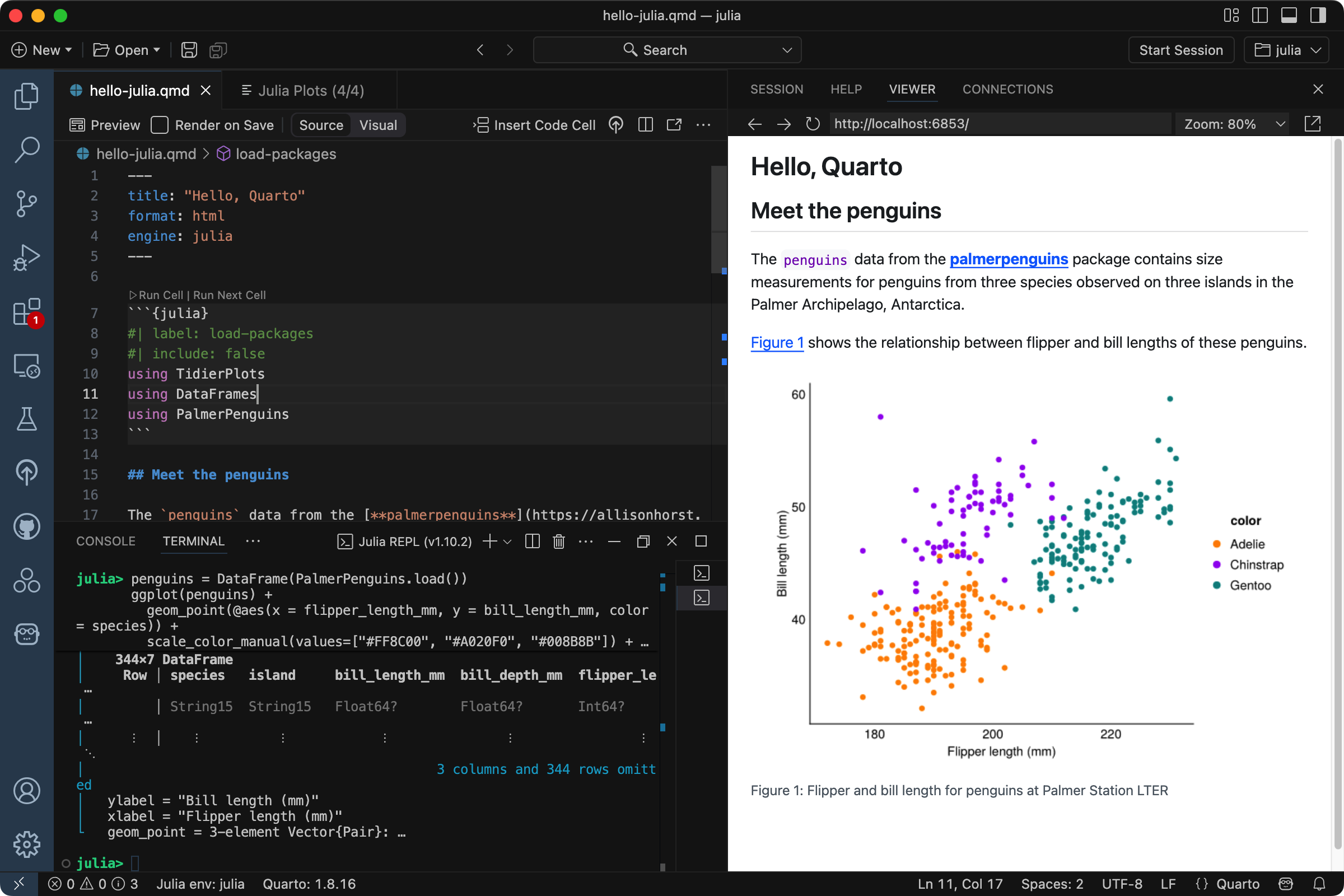 Screen shot of qmd file open in Positron with source markdown shown in Editor pane and a rendered document shown in the Viewer Pane.