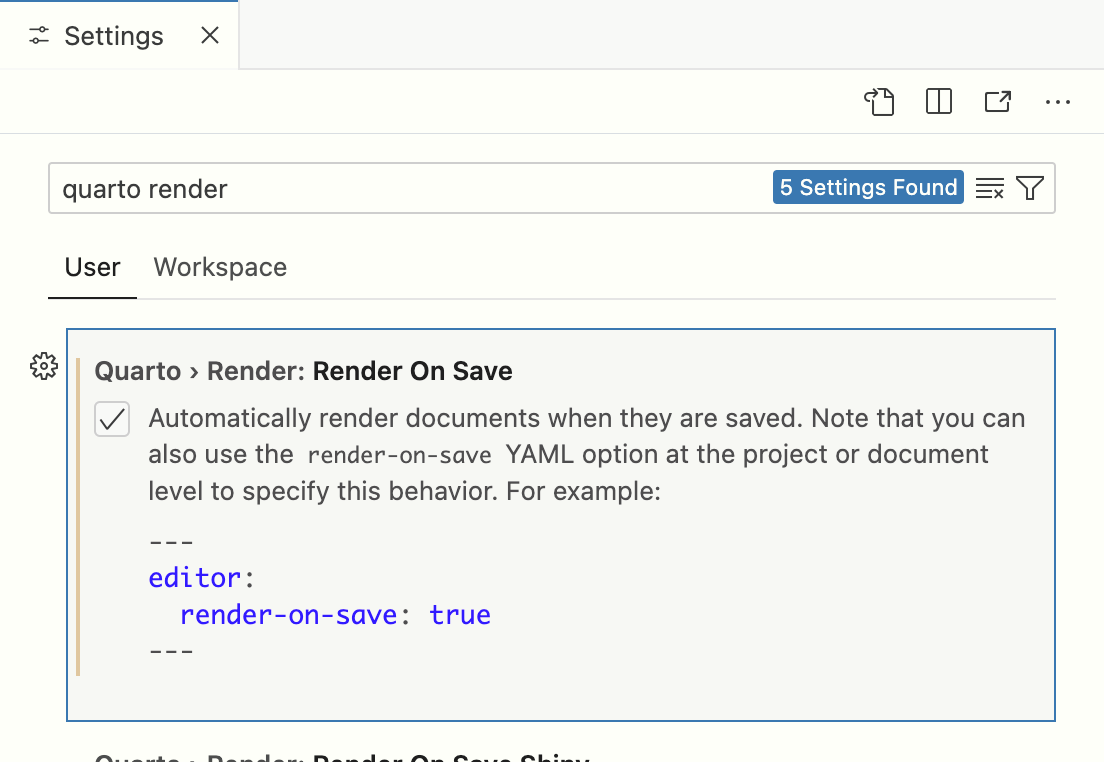 The Positron Quarto render settings. The Render on Save option is checked.